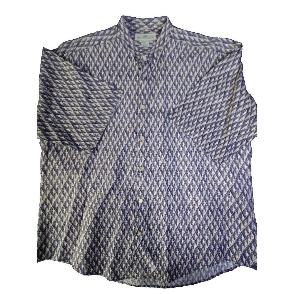 Natural Issue Long Sleeve Large Shirt Banded Collar Button Geometric Diamond 407